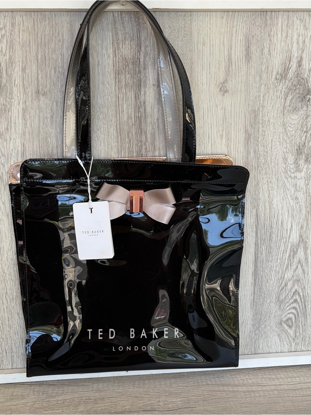 Ted Baker Black Patent Tote with Bow Accent
